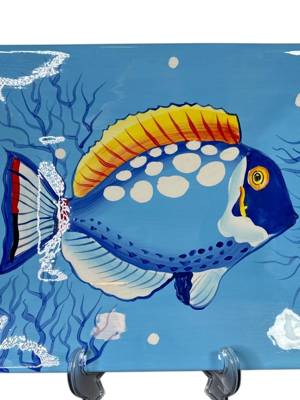 La Dolce Vita Hand-Painted Blue Tropical Fish Ceramic Serving Platter 19x13.5”
